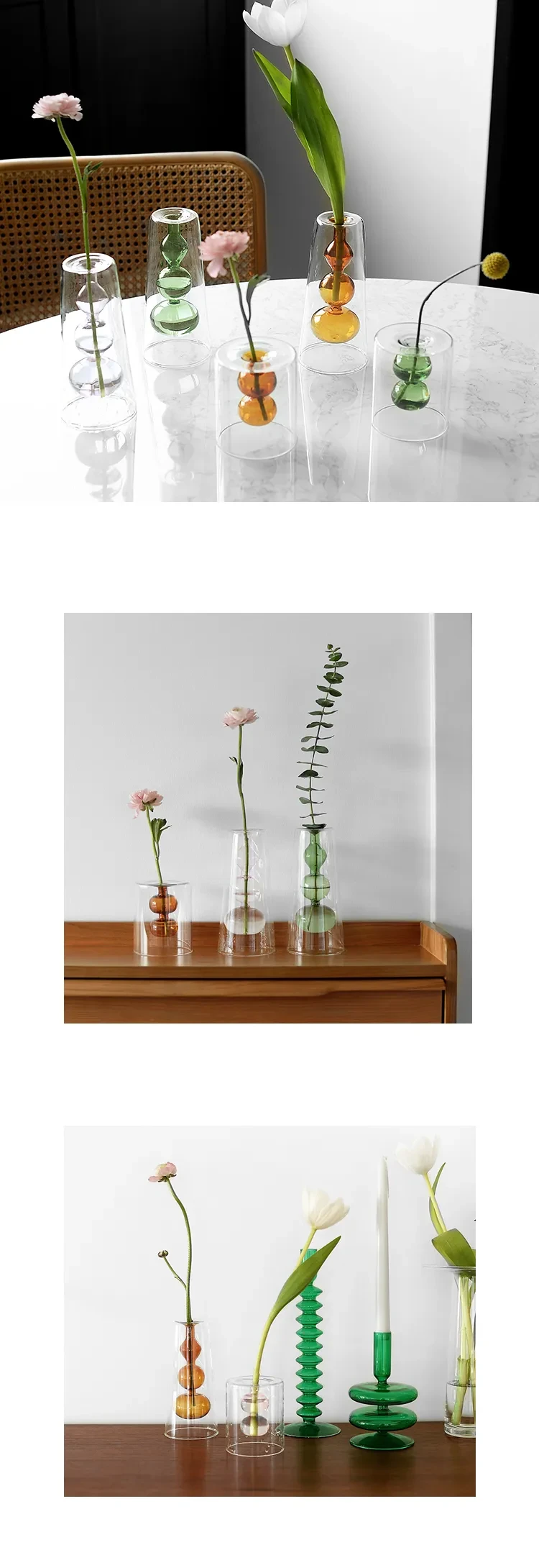 Jarrón de vidrio retro con calabaza y flores hidropónicas