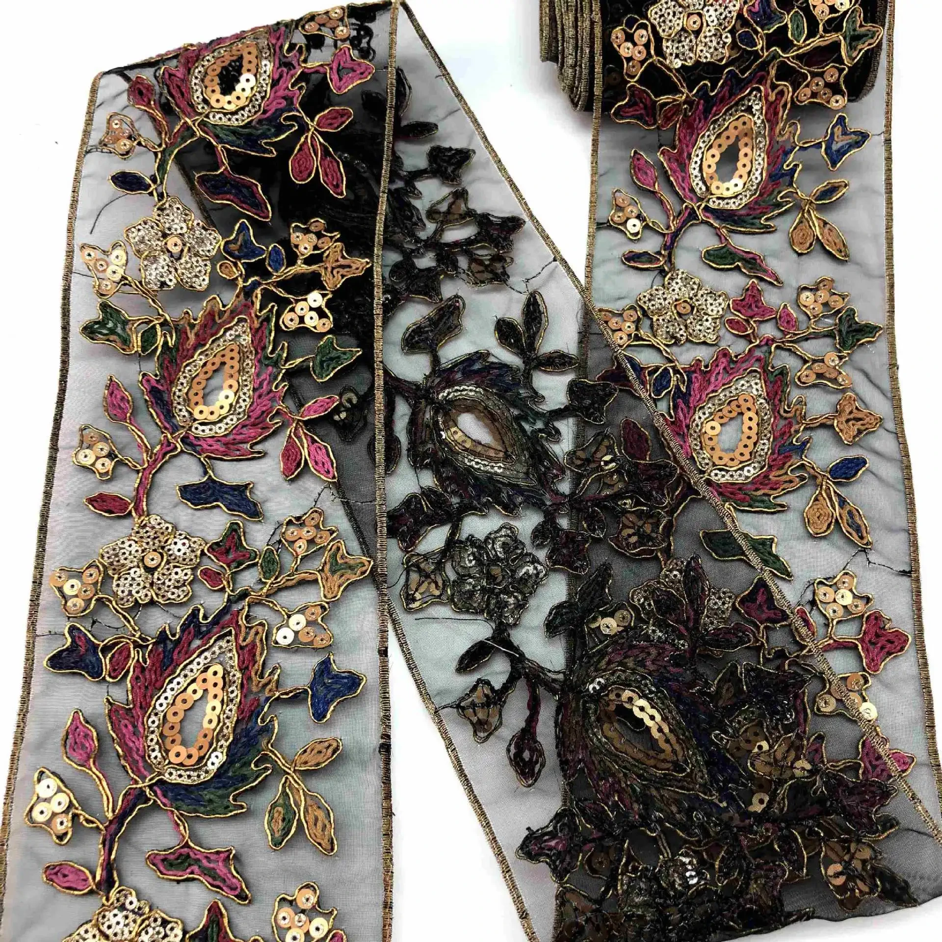 Cinta de cuerda con hilo dorado bordado de color con encaje de lentejuelas étnicas retro