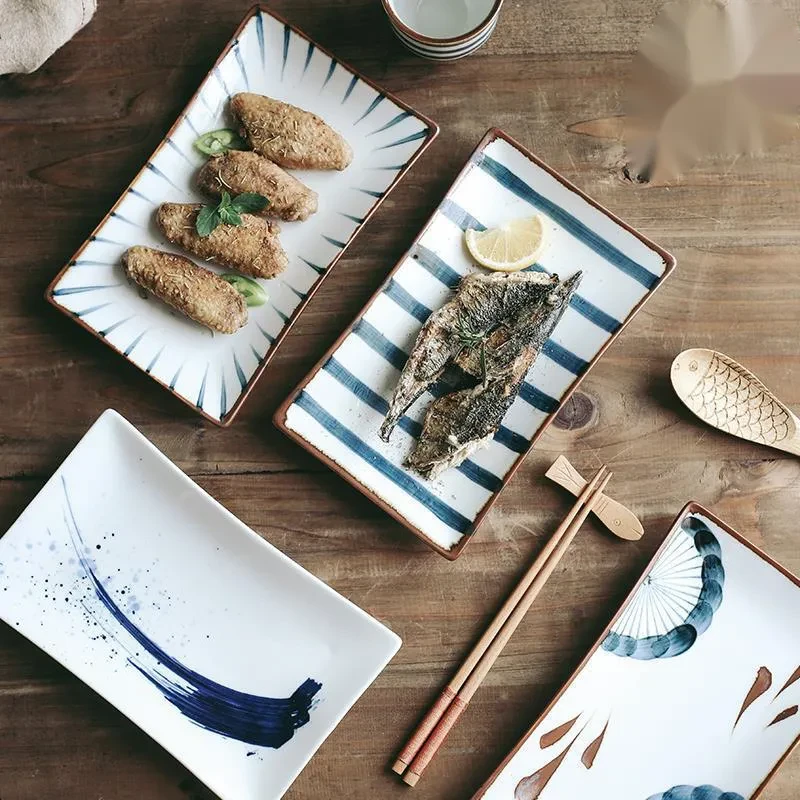 Plato rectangular de cerámica para sushi de estilo japonés retro pintado a mano