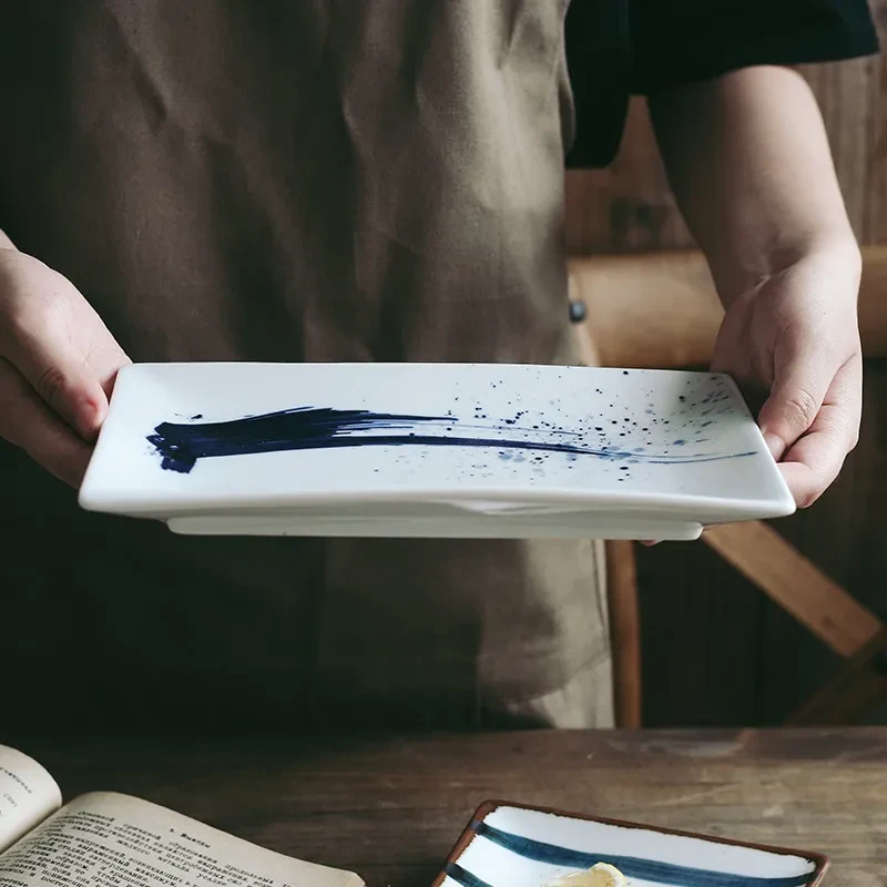 Plato rectangular de cerámica para sushi de estilo japonés retro pintado a mano
