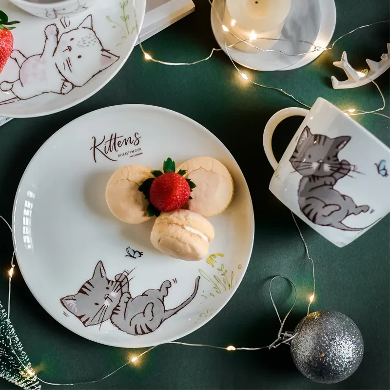 Plato occidental de cerámica con forma de gato, plato de desayuno de porcelana china, vajilla para el hogar
