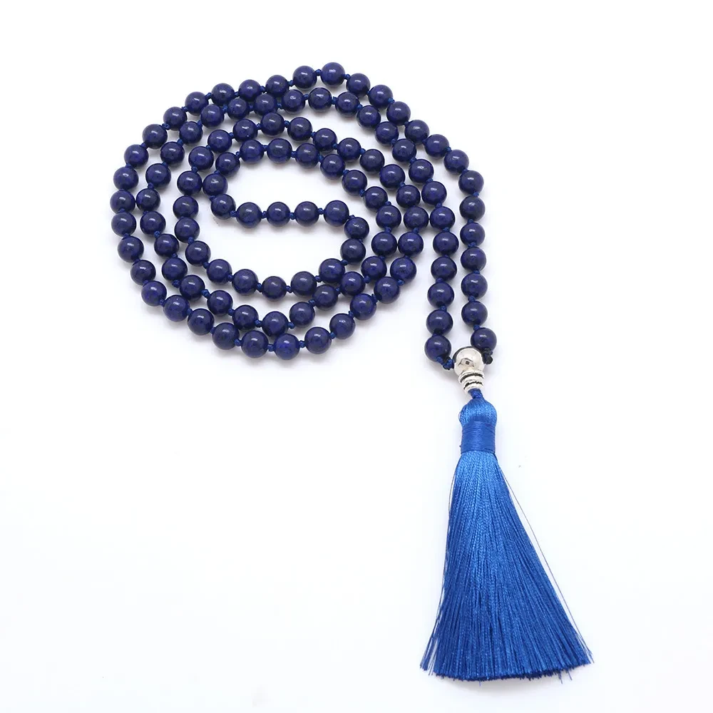 Collar con borlas de arenisca azul de 8 mm con piedra natural 108 hecha a mano