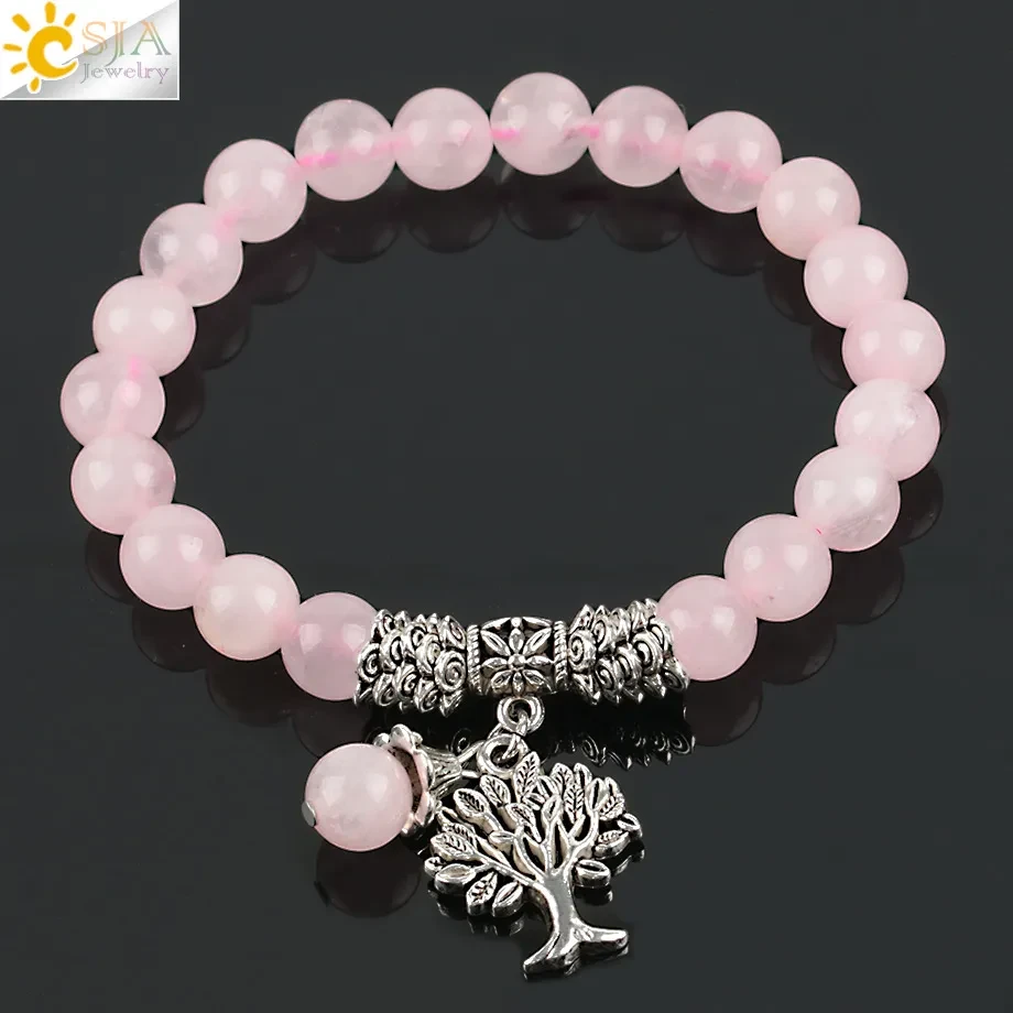 Pulsera de cuentas redondas con colgante de árbol de la vida de plata antigua y piedra