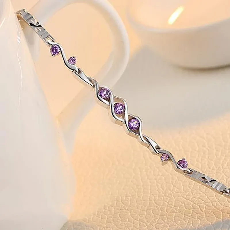 Pulsera de amatista para mujer en plata de ley S925 con tres piedras de la vida