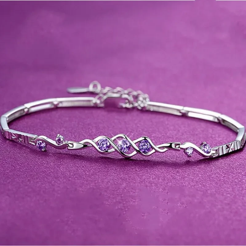 Pulsera de amatista para mujer en plata de ley S925 con tres piedras de la vida