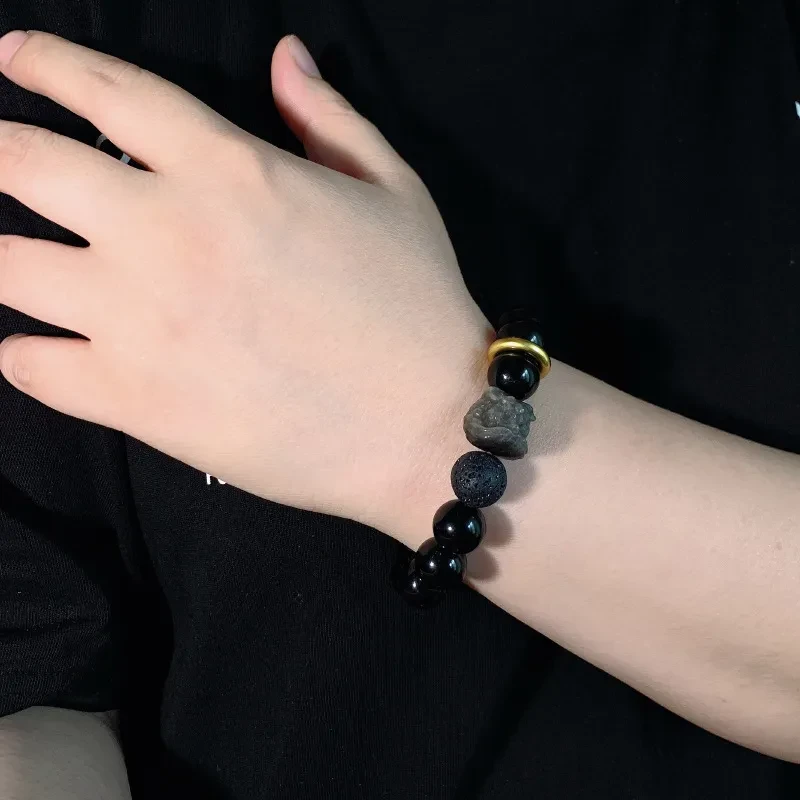 Pulsera Xingshi de piedra plateada para hombre y mujer, estilo retro.