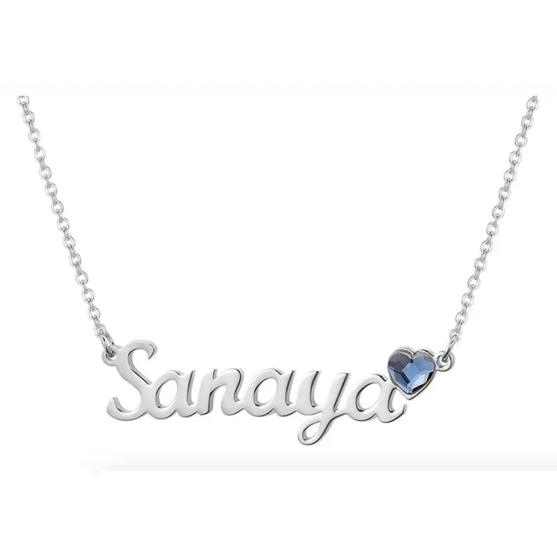 Collar de acero inoxidable con piedra de cumpleaños en forma de corazón y letra inglesa