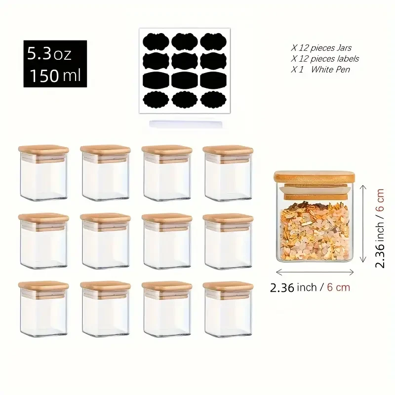Juego de 12 frascos de vidrio para almacenamiento con tapas de bambú, 5.3 oz