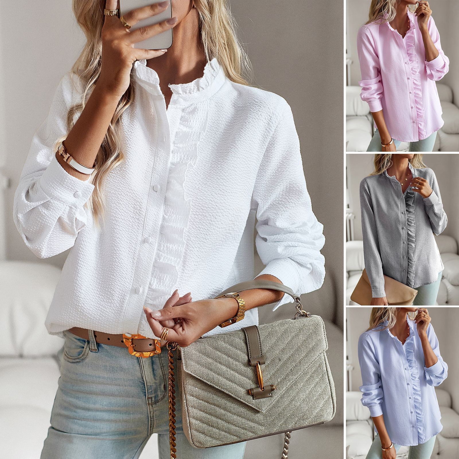 Chic Striped Ruffle Blouse: Long Sleeve, Button-Up Design for Office Wear