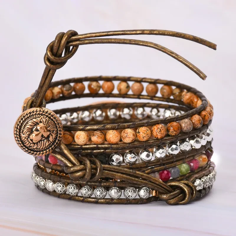 Pulsera de cuero con cinco círculos de piedra natural con imagen, muy vendida