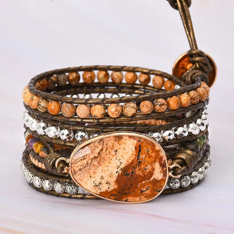 Pulsera de cuero con cinco círculos de piedra natural con imagen, muy vendida