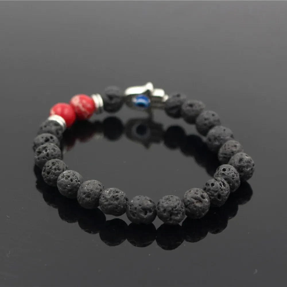 Pulsera de cuentas de pino rojo de piedra volcánica de lava Mano de Fátima