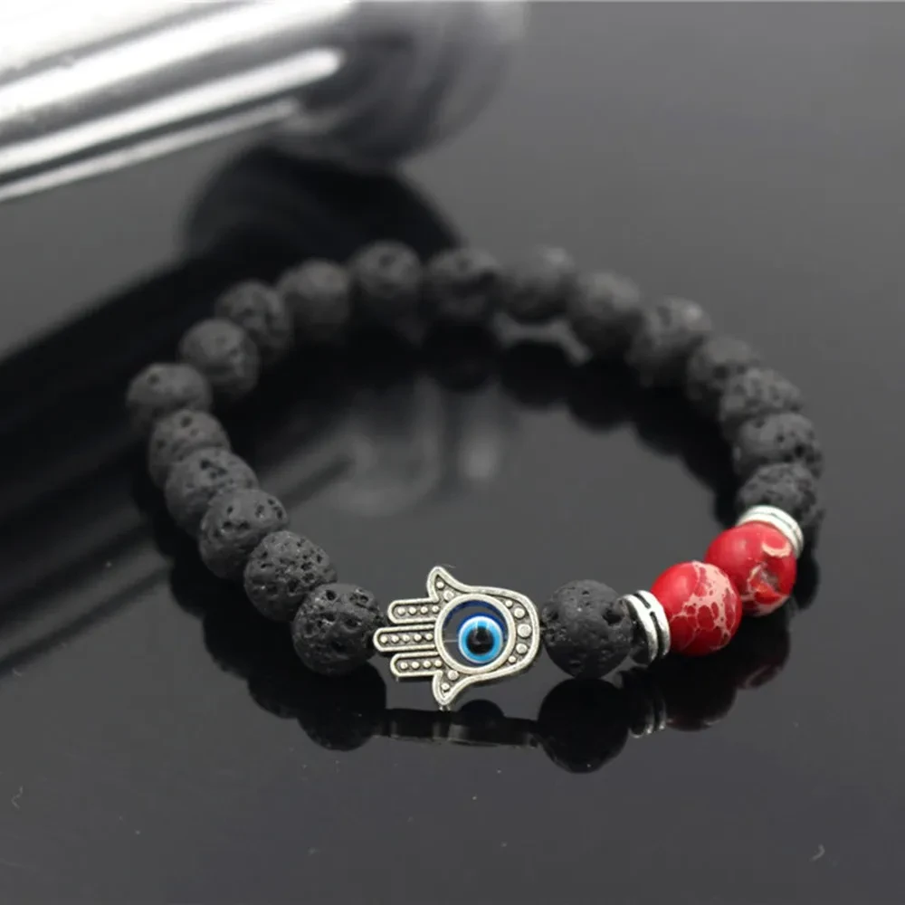 Pulsera de cuentas de pino rojo de piedra volcánica de lava Mano de Fátima