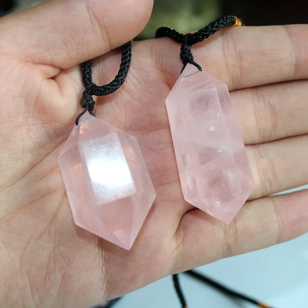 Prisma hexagonal de doble punta con columna de cristal, piedra rugosa pulida, joyería