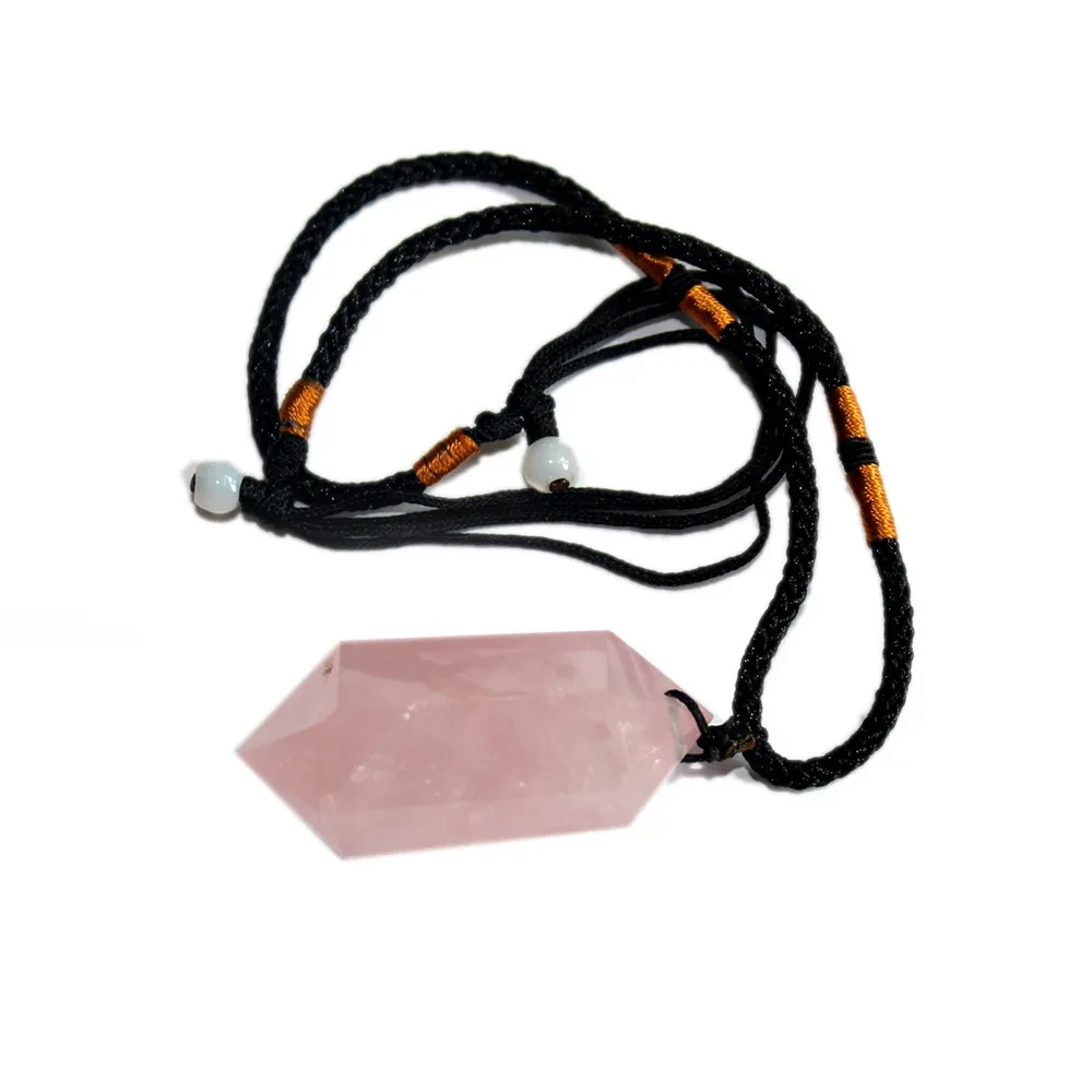 Prisma hexagonal de doble punta con columna de cristal, piedra rugosa pulida, joyería