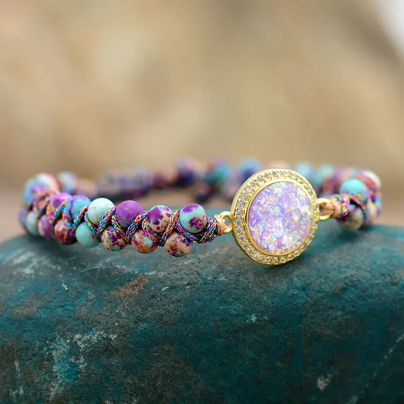 Pulsera tejida a mano de doble capa de ópalo de piedra real del Emperador Púrpura