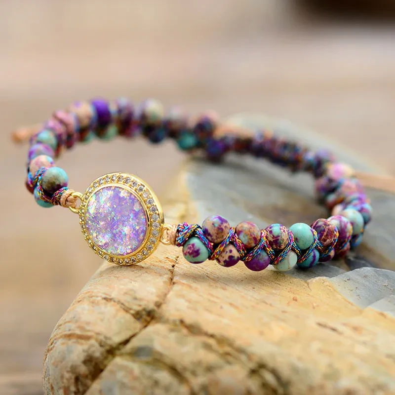 Pulsera tejida a mano de doble capa de ópalo de piedra real del Emperador Púrpura