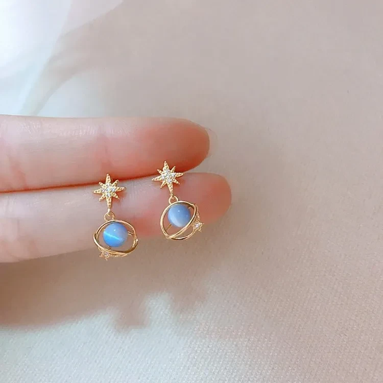 Pendientes de plata de ley 925 con circonita y ópalo azul del universo estelar