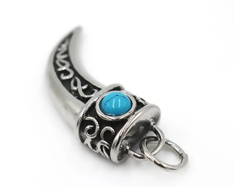 Colgante vintage de acero de titanio con diente de lobo y piedra de pino azul para hombre
