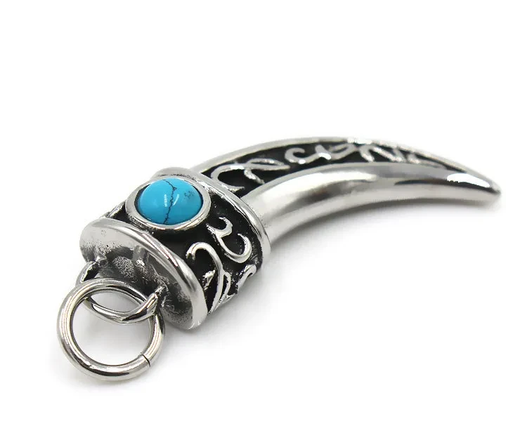 Colgante vintage de acero de titanio con diente de lobo y piedra de pino azul para hombre