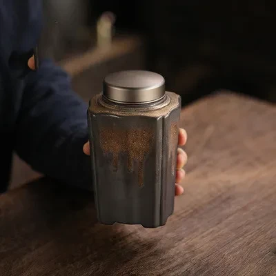 Tarro hermético de cerámica de gres antiguo dorado, empaquetado a mano, grande
