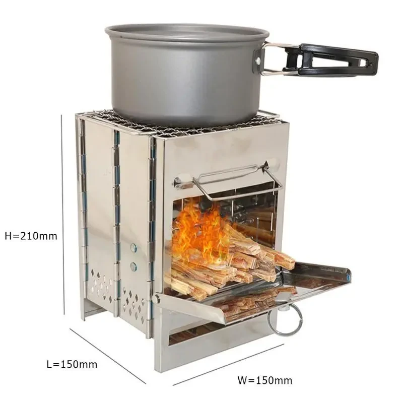 Mini estufa de leña para exteriores, para acampar, cocinar, picnic, parrilla, estufa plegable cuadrada de madera, acero, para viajes, carbón vegetal