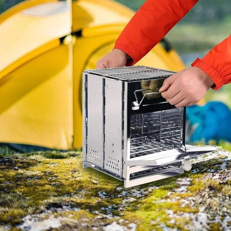 Mini estufa de leña para exteriores, para acampar, cocinar, picnic, parrilla, estufa plegable cuadrada de madera, acero, para viajes, carbón vegetal