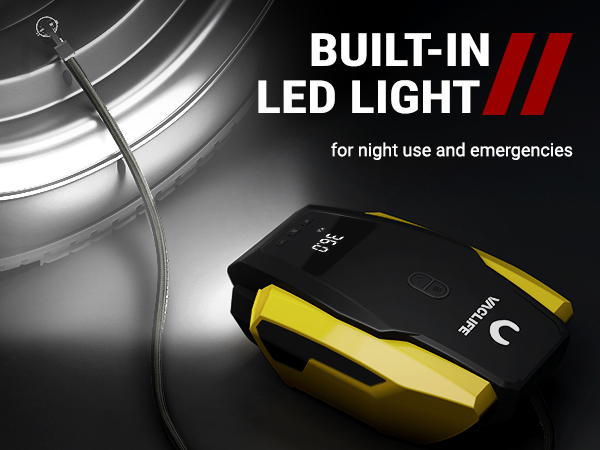 Compresor de aire VacLife para inflar neumáticos, compresor portátil de 12 V CC para neumáticos de coche, bomba de aire con luz LED, bomba de aire digital para neumáticos de coche, bicicletas y otros inflables.