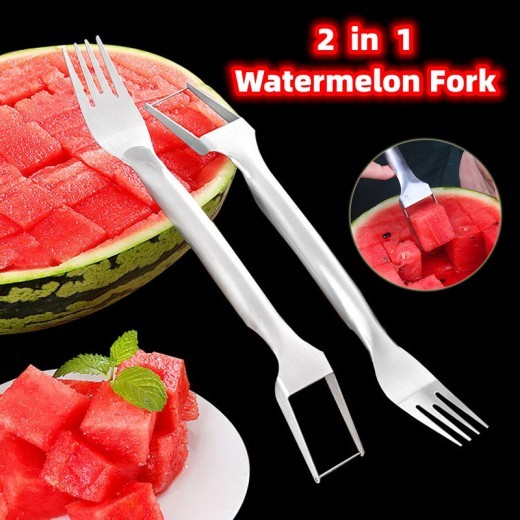 Tenedor cortador de sandía 2 en 1, multiusos, de acero inoxidable, para cocina, divisor de fruta y utensilios de cocina.