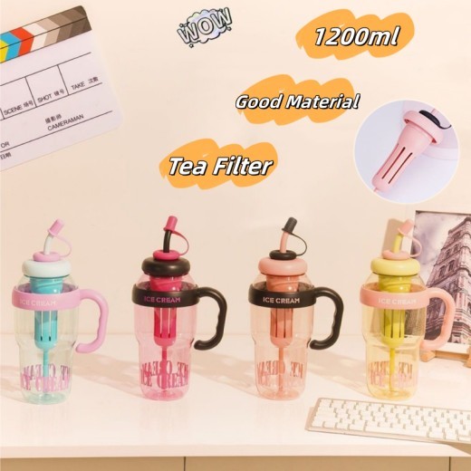 Botella de agua de plástico con pajita, taza de dibujos animados, taza para beber, botella de agua portátil de 1200 ml, utensilios de cocina