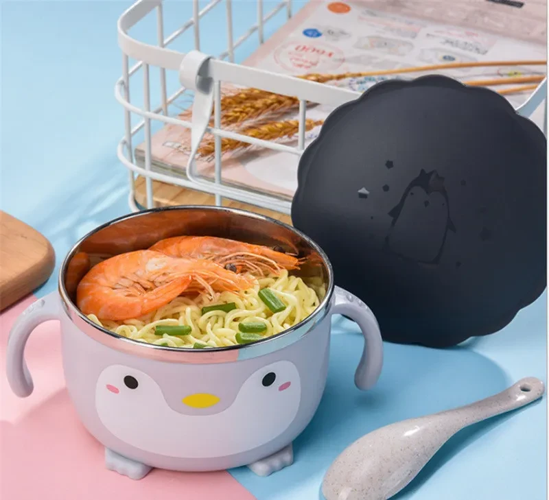 Vajilla infantil de acero inoxidable 304 con bonito diseño de pingüino y asa.