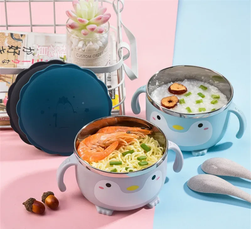 Vajilla infantil de acero inoxidable 304 con bonito diseño de pingüino y asa.