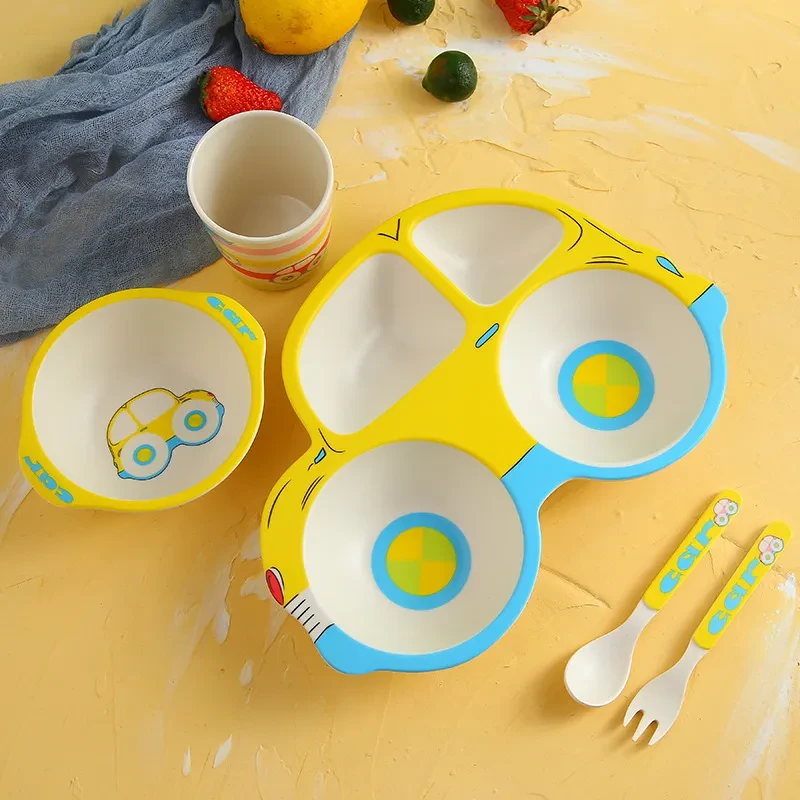 Vajilla de fibra de bambú para niños, juego de vajilla infantil con rejilla para comer, plato, tazón, cuchara, tenedor y taza de dibujos animados para el hogar