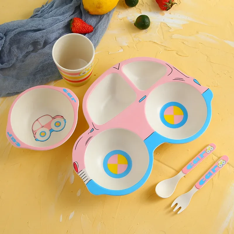 Vajilla de fibra de bambú para niños, juego de vajilla infantil con rejilla para comer, plato, tazón, cuchara, tenedor y taza de dibujos animados para el hogar