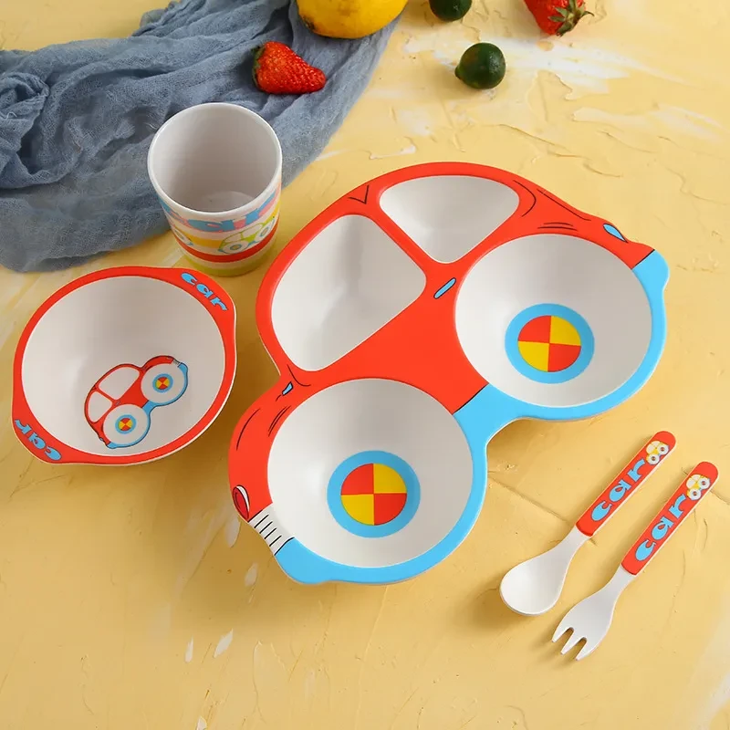 Vajilla de fibra de bambú para niños, juego de vajilla infantil con rejilla para comer, plato, tazón, cuchara, tenedor y taza de dibujos animados para el hogar