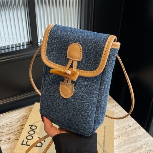 Bolso bandolera de mezclilla vertical para teléfono móvil con botón de cuerno para mujer