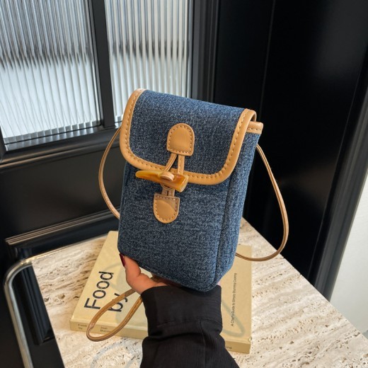Bolso bandolera de mezclilla vertical para teléfono móvil con botón de cuerno para mujer
