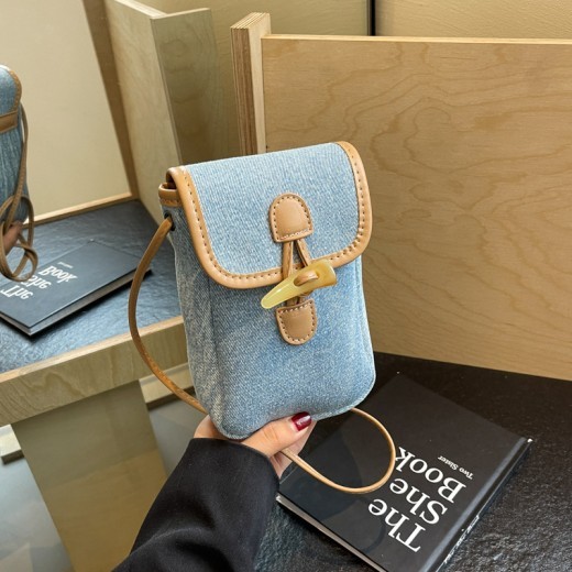 Bolso bandolera de mezclilla vertical para teléfono móvil con botón de cuerno para mujer