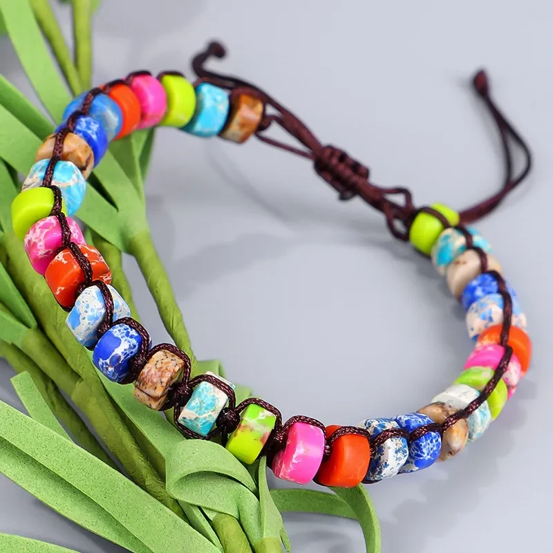 Pulsera tejida a mano con piedra emperador colorida y pulsera de yoga de siete colores