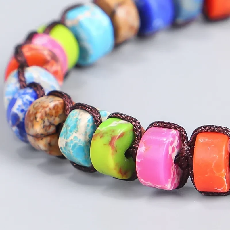 Pulsera tejida a mano con piedra emperador colorida y pulsera de yoga de siete colores