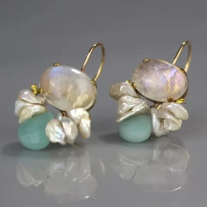 Pendientes colgantes creativos de perla con incrustaciones geométricas de ópalo y piedra redonda de dos tonos