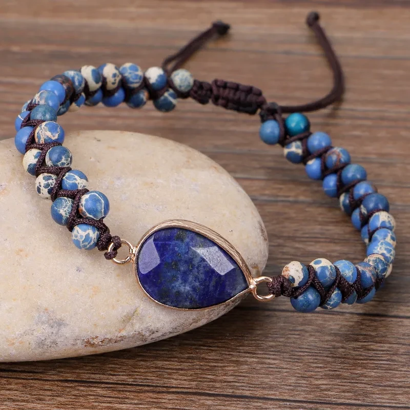 Pulsera trenzada de piedra de doble capa con forma de corazón y gotas de agua estilo bohemio