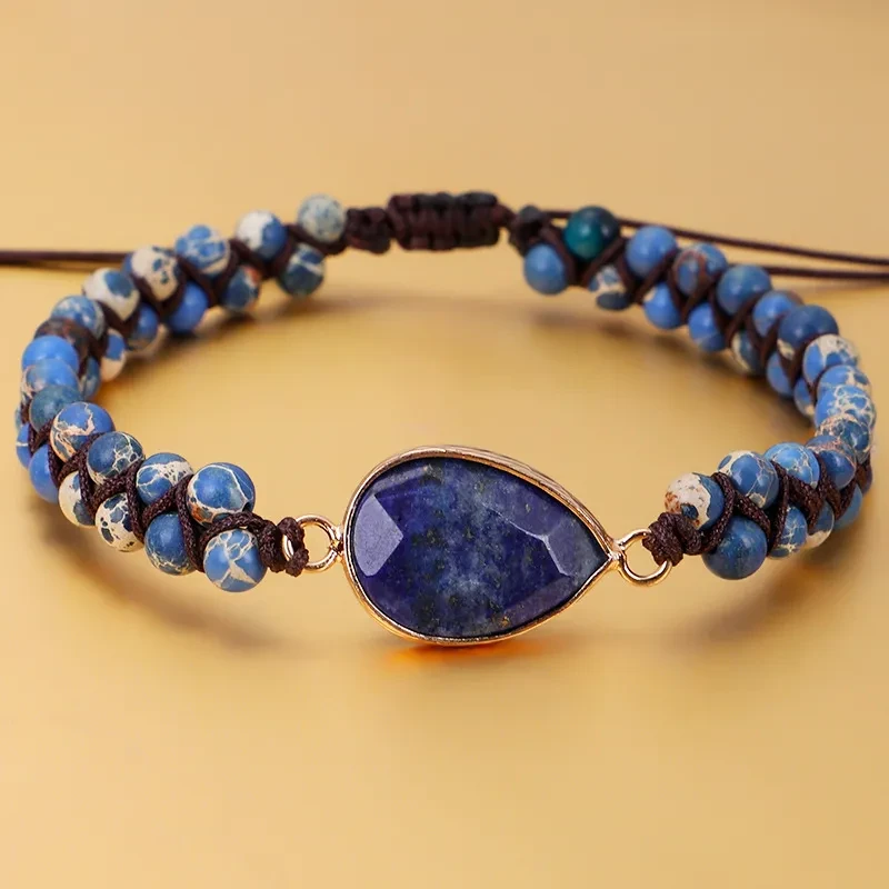 Pulsera trenzada de piedra de doble capa con forma de corazón y gotas de agua estilo bohemio