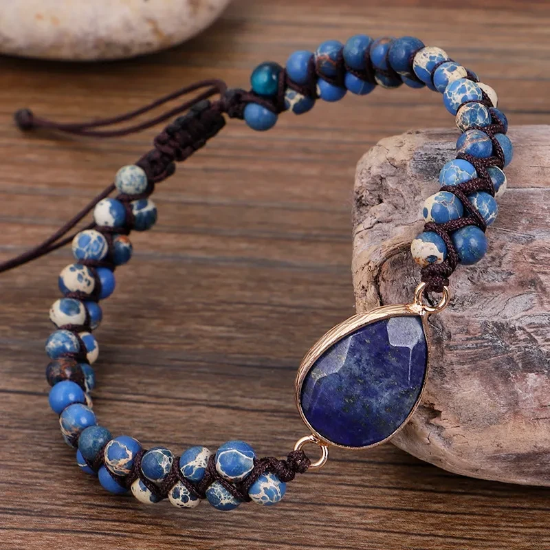Pulsera trenzada de piedra de doble capa con forma de corazón y gotas de agua estilo bohemio