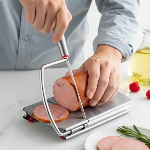 Rebanador multifuncional de mantequilla, queso, jamón, salchichas, utensilios de cocina, tabla de cortar de acero inoxidable con base de succión de silicona