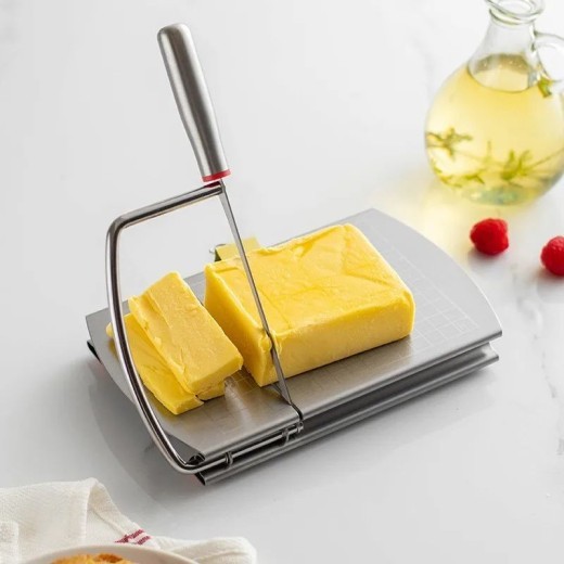 Rebanador multifuncional de mantequilla, queso, jamón, salchichas, utensilios de cocina, tabla de cortar de acero inoxidable con base de succión de silicona