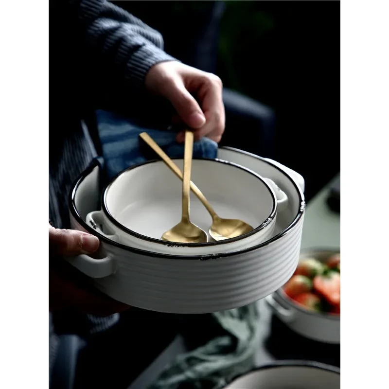 Tazón de sopa de fideos binaural de cerámica blanca, hondo, grande, sencillo, nórdico, para el hogar, de 9 pulgadas, para ensalada de frutas y postre.