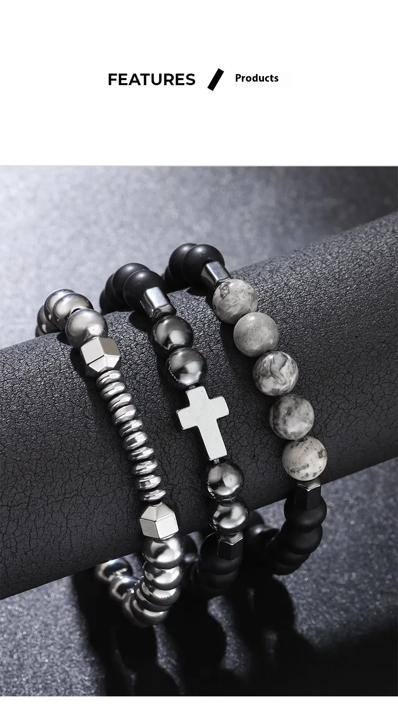 Pulsera OVNI Cruz Hematita Pulsera Retro Mapa Piedra Pulsera Elástica de Hilo