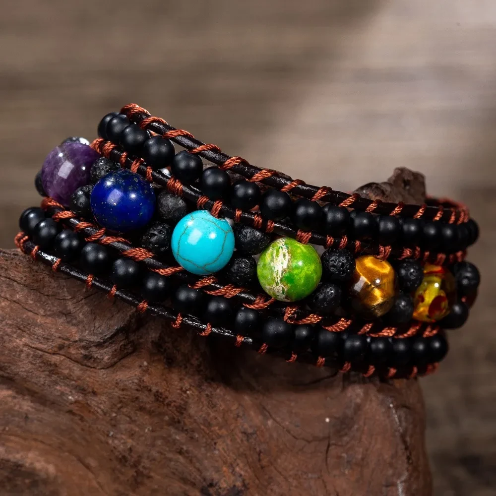 Pulsera de meditación de siete chakras con piedra de lava volcánica y cuentas de ágata esmerilada hechas a mano