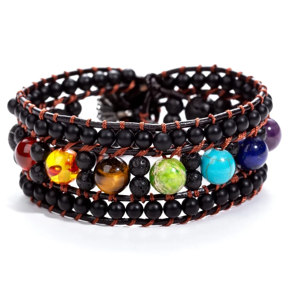 Pulsera de meditación de siete chakras con piedra de lava volcánica y cuentas de ágata esmerilada hechas a mano